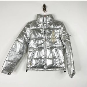 Christian Audigier Embroidered Foiled Flocked Hooded Leather Puffer Jacket #4985